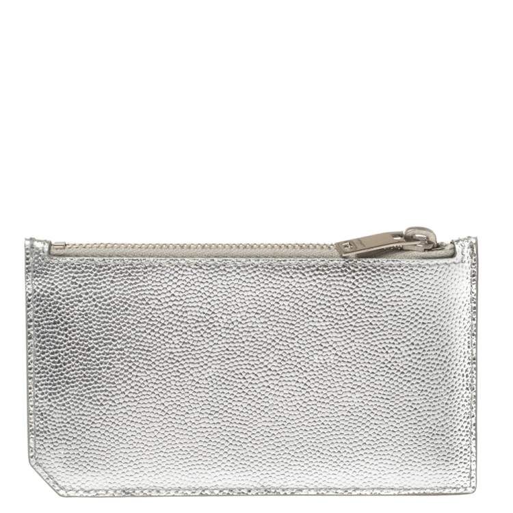 Pre Owned Saint Laurent Metallic Silver Leather Zip Card Holder 