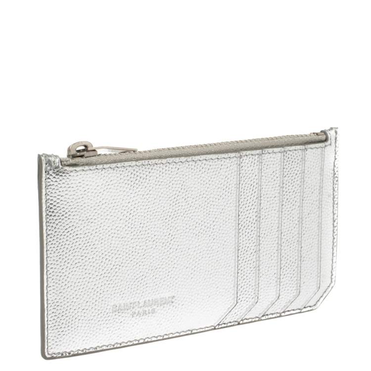 Pre Owned Saint Laurent Metallic Silver Leather Zip Card Holder 