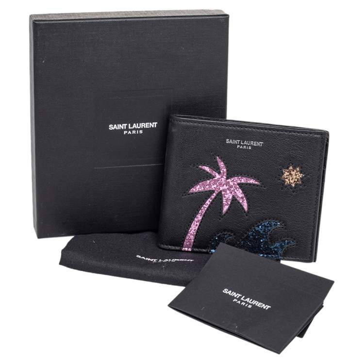 Pre Owned Saint Laurent Black Leather Palm Tree Wallet