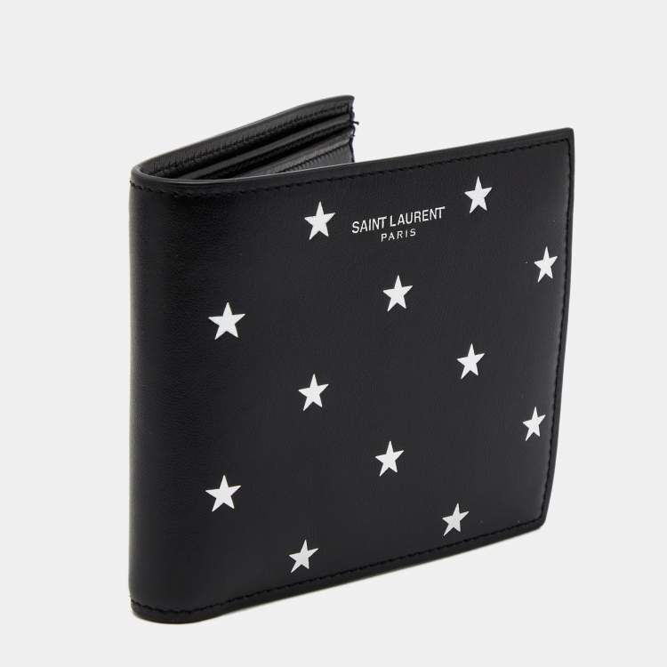 Pre Owned Saint Laurent Black Leather Star Printed Bifold Wallet