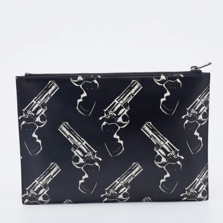 Pre Owned Saint Laurent Black Gun Pop Printed Leather Zip Pouch