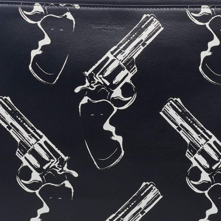 Pre Owned Saint Laurent Black Gun Pop Printed Leather Zip Pouch