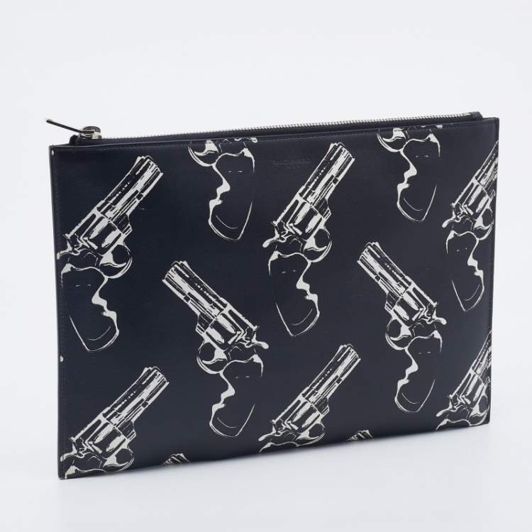 Pre Owned Saint Laurent Black Gun Pop Printed Leather Zip Pouch