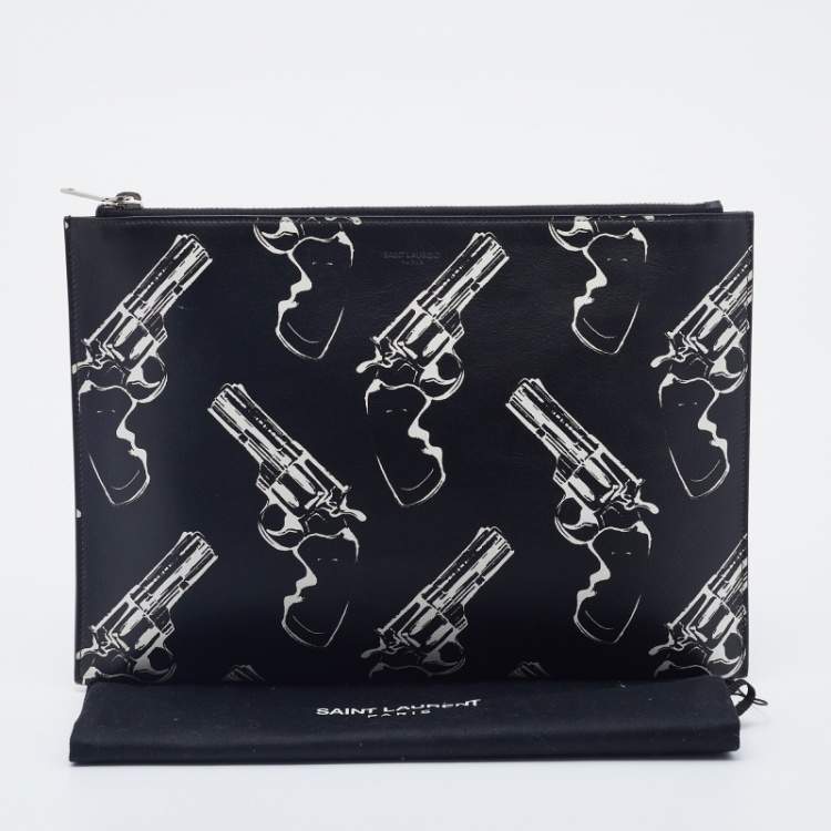 Pre Owned Saint Laurent Black Gun Pop Printed Leather Zip Pouch