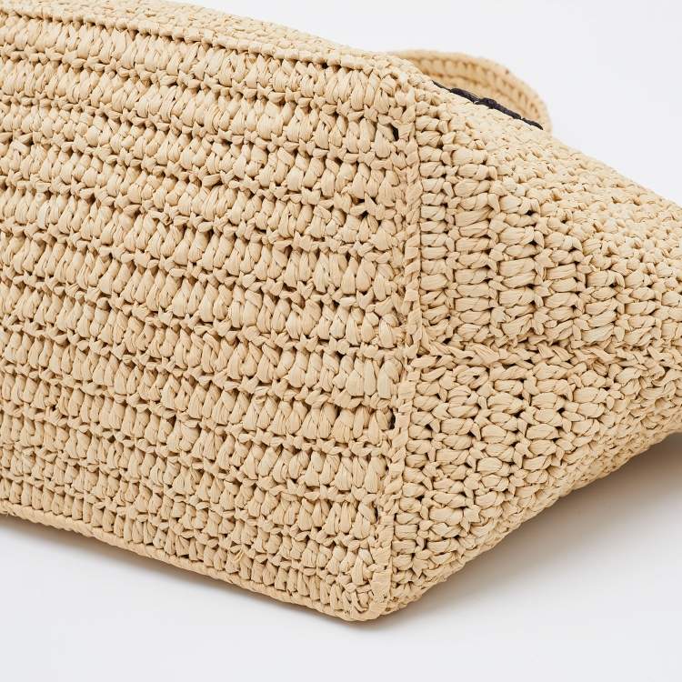 Pre Owned Saint Laurent Beige Woven Raffia Le Tuc Logo Embroidered Shoulder Bag