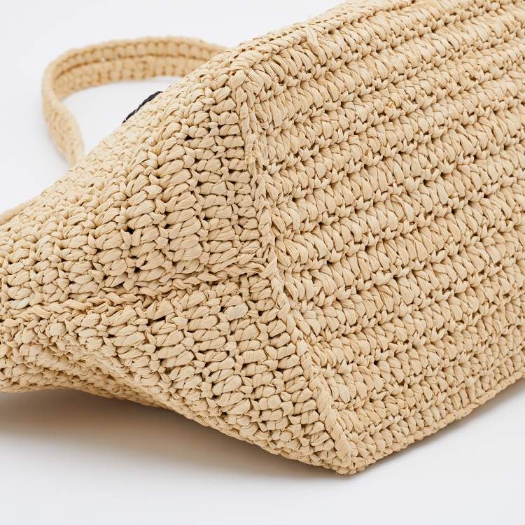 Pre Owned Saint Laurent Beige Woven Raffia Le Tuc Logo Embroidered Shoulder Bag
