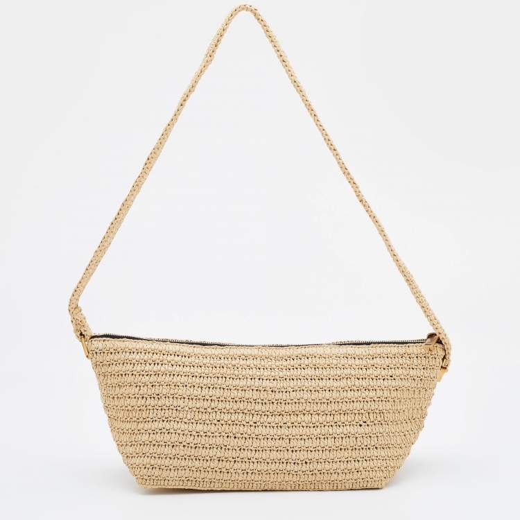 Pre Owned Saint Laurent Beige Woven Raffia Le Tuc Logo Embroidered Shoulder Bag