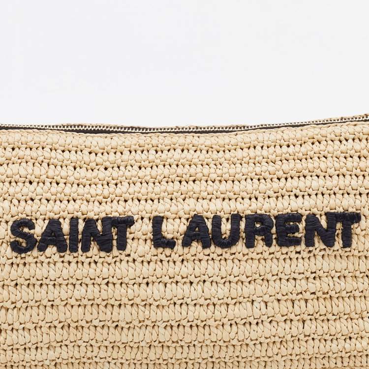 Pre Owned Saint Laurent Beige Woven Raffia Le Tuc Logo Embroidered Shoulder Bag