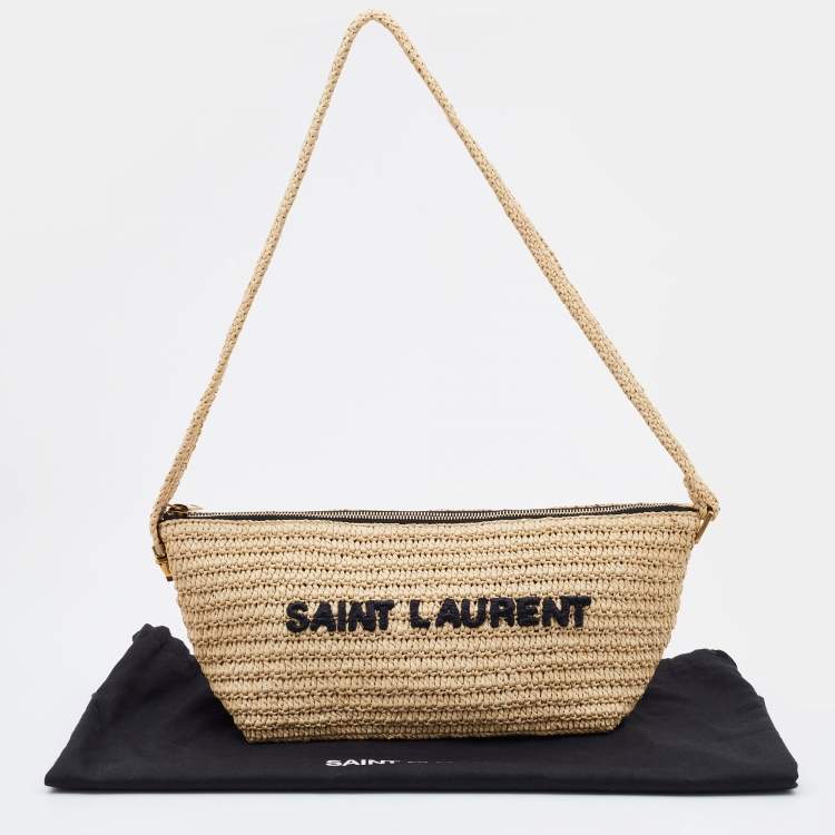 Pre Owned Saint Laurent Beige Woven Raffia Le Tuc Logo Embroidered Shoulder Bag