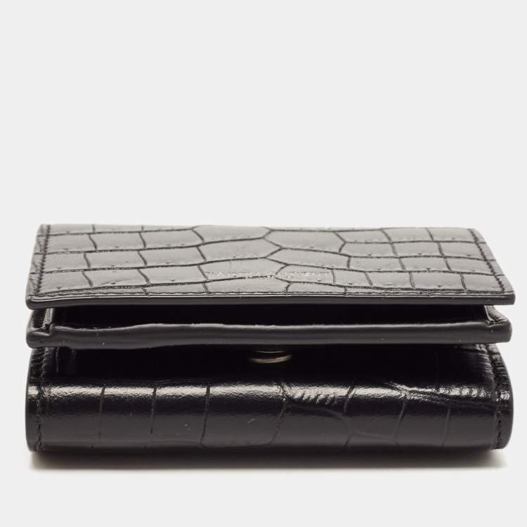 Pre Owned Saint Laurent Black Croc Embossed Leather Trifold Card Case