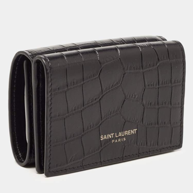 Pre Owned Saint Laurent Black Croc Embossed Leather Trifold Card Case