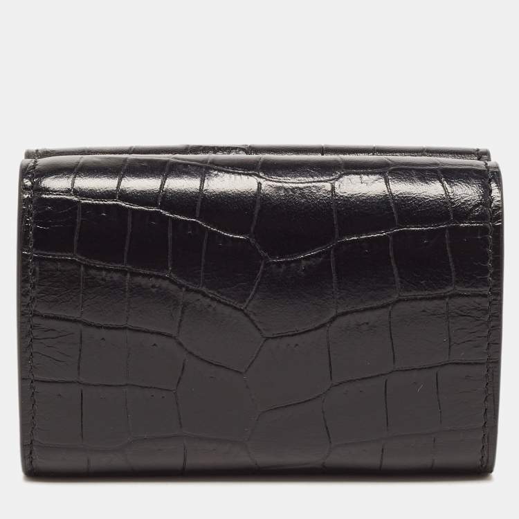 Pre Owned Saint Laurent Black Croc Embossed Leather Trifold Card Case