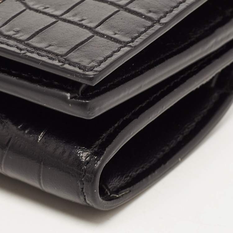 Pre Owned Saint Laurent Black Croc Embossed Leather Trifold Card Case