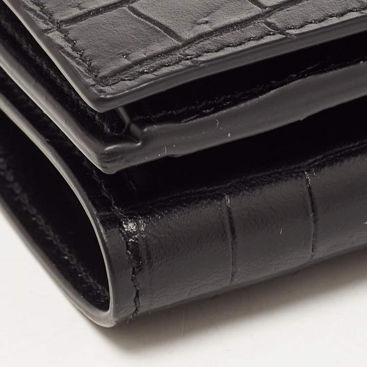 Pre Owned Saint Laurent Black Croc Embossed Leather Trifold Card Case