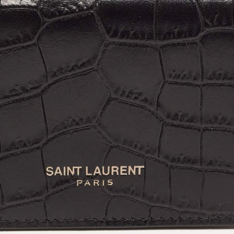 Pre Owned Saint Laurent Black Croc Embossed Leather Trifold Card Case