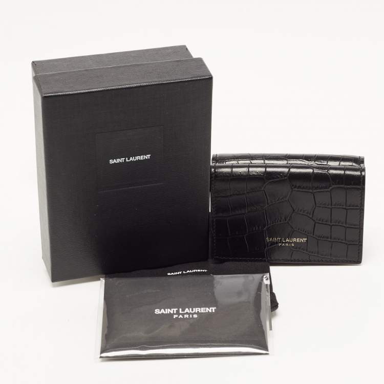 Pre Owned Saint Laurent Black Croc Embossed Leather Trifold Card Case