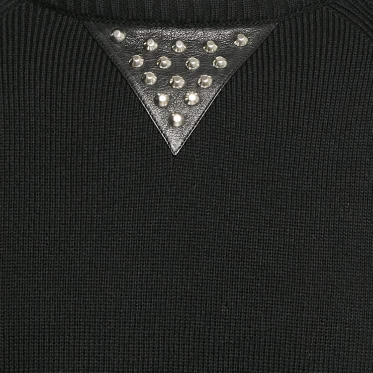 Pre Owned Saint Laurent Paris Black Studded Leather Trim Rib Knit Sweater XXL