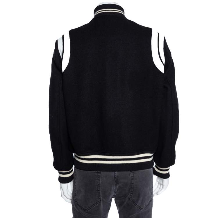 Pre Owned Saint Laurent Black Wool & Leather Trim Detailed Teddy Jacket L 