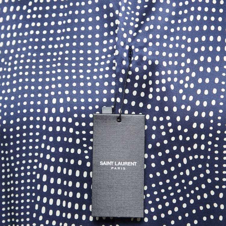 Pre Owned Saint Laurent Navy Blue Polka Dot Patterned Silk Shirt M
