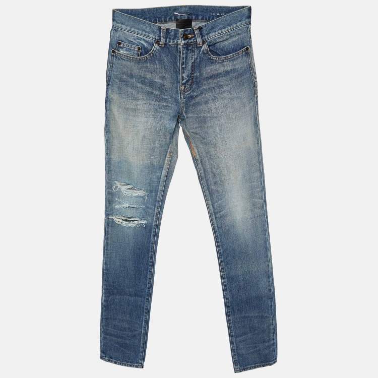 Pre Owned Saint Laurent Blue Distressed Denim Skinny Fit Jeans S/Waist 31"
