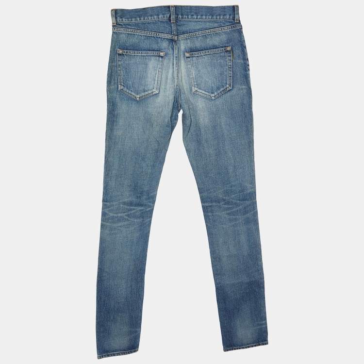 Pre Owned Saint Laurent Blue Distressed Denim Skinny Fit Jeans S/Waist 31"