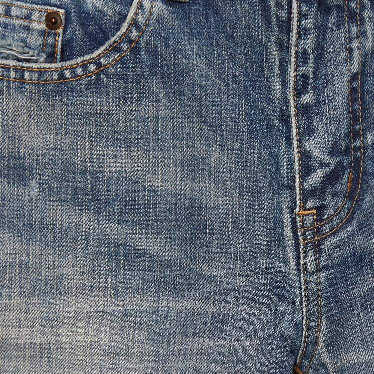 Pre Owned Saint Laurent Blue Distressed Denim Skinny Fit Jeans S/Waist 31"