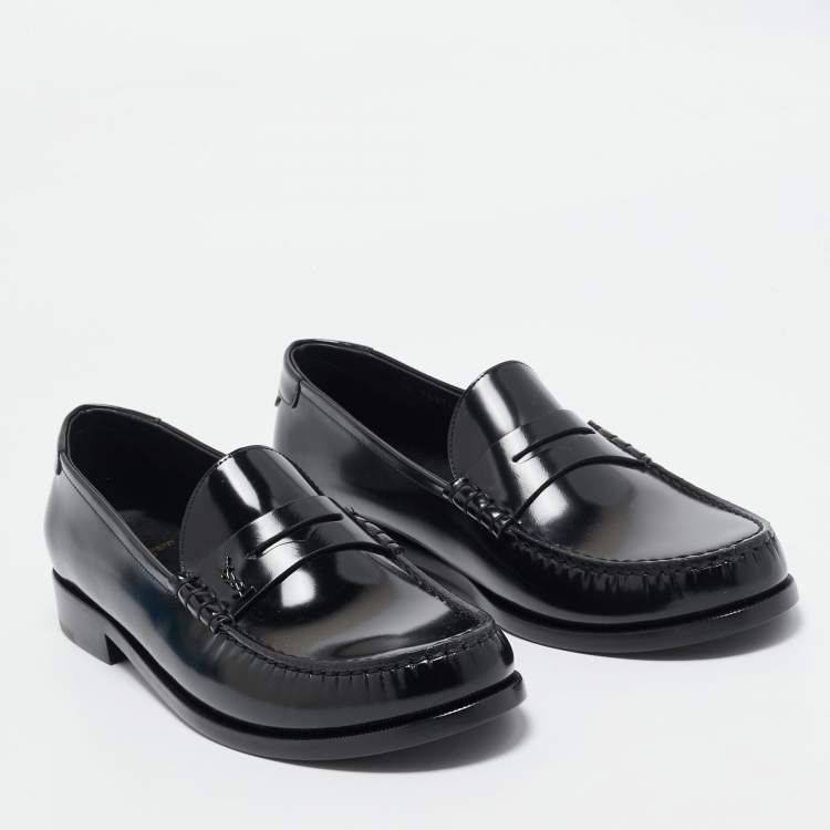 Pre Owned Saint Laurent Black Brushed Leather Le Penny Loafers Size 45