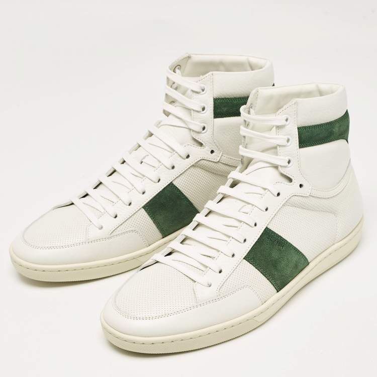 Pre Owned Saint Laurent White/Green Leather and Suede High Top Sneakers Size 44