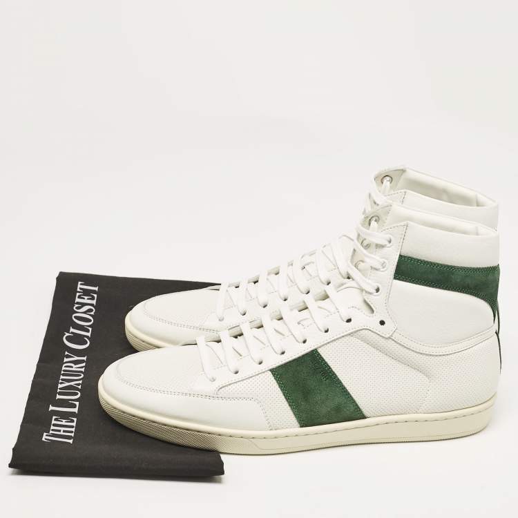 Pre Owned Saint Laurent White/Green Leather and Suede High Top Sneakers Size 44