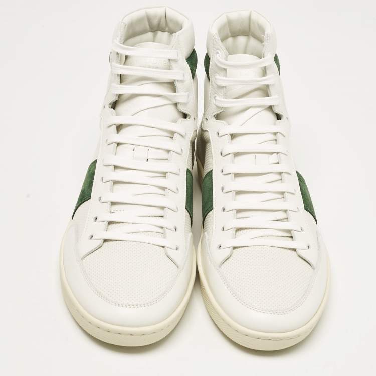 Pre Owned Saint Laurent White/Green Leather and Suede High Top Sneakers Size 44