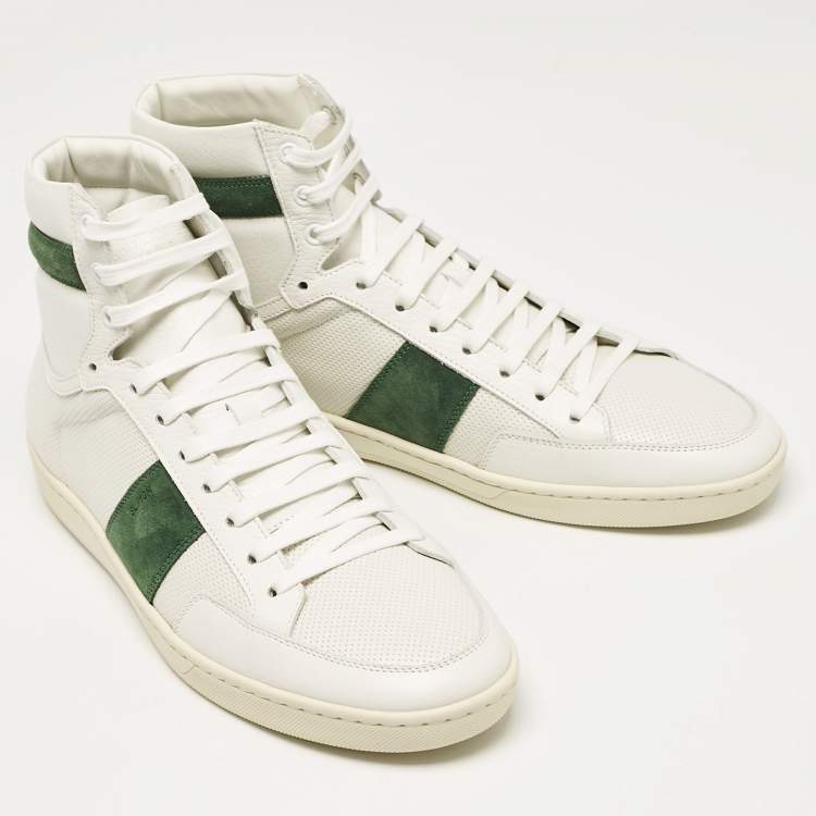 Pre Owned Saint Laurent White/Green Leather and Suede High Top Sneakers Size 44