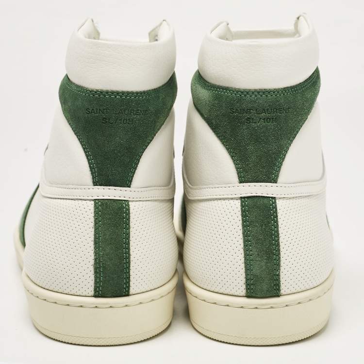 Pre Owned Saint Laurent White/Green Leather and Suede High Top Sneakers Size 44