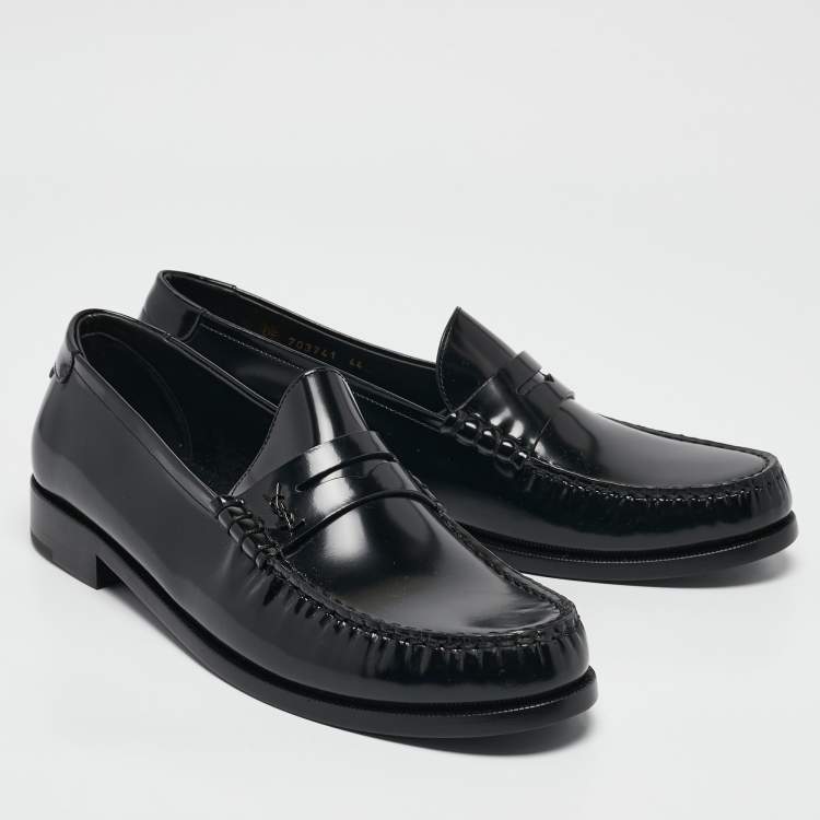 Pre Owned Saint Laurent Black Leather Slip On Loafers Size 44