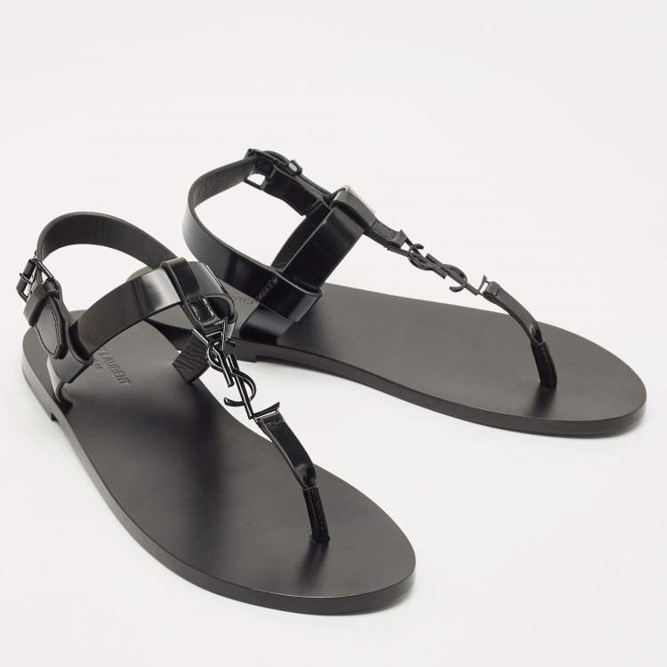 Pre Owned Saint Laurent Black Leather Cassandre Thong Sandals Size 45