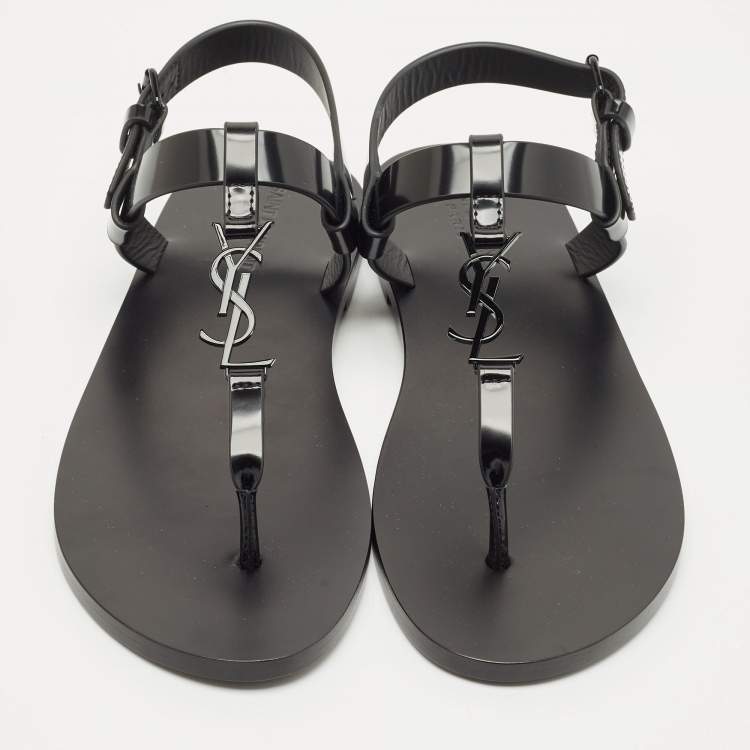 Pre Owned Saint Laurent Black Leather Cassandre Thong Sandals Size 45
