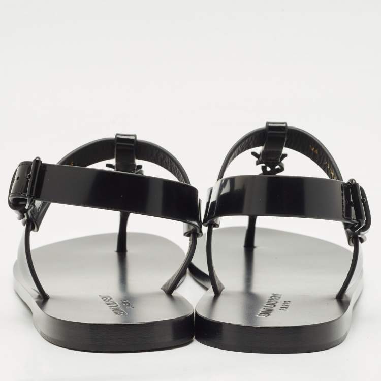 Pre Owned Saint Laurent Black Leather Cassandre Thong Sandals Size 45
