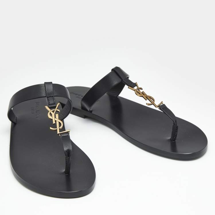 Pre Owned Saint Laurent Black Leather Cassandre Thong Flats Size 45