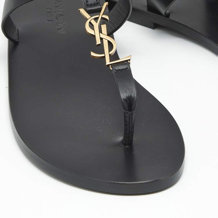 Pre Owned Saint Laurent Black Leather Cassandre Thong Flats Size 45
