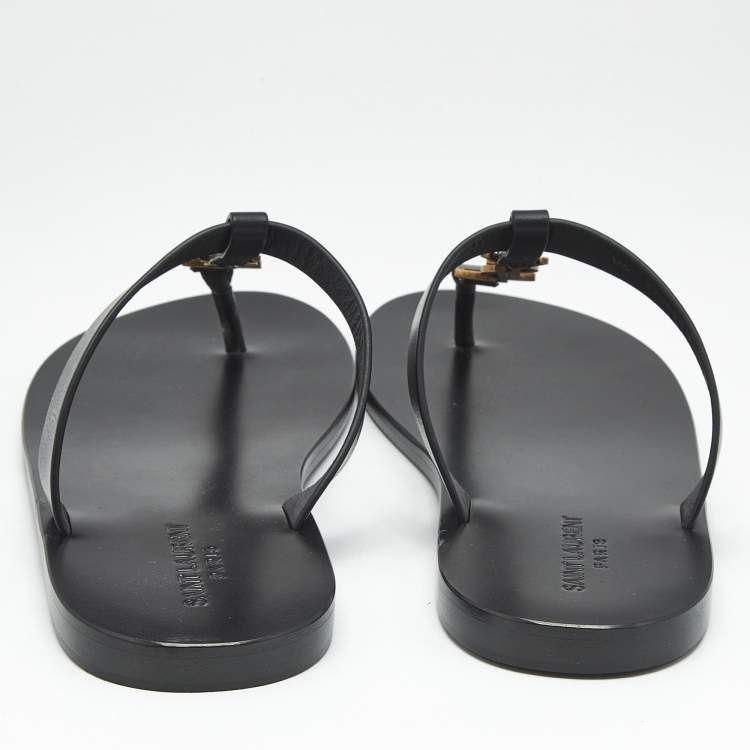 Pre Owned Saint Laurent Black Leather Cassandre Thong Flats Size 45