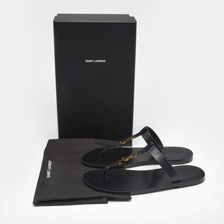 Pre Owned Saint Laurent Black Leather Cassandre Thong Flats Size 45