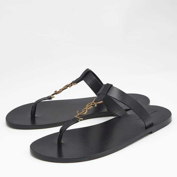 Pre Owned Saint Laurent Black Leather Cassandre Thong Flats Size 45