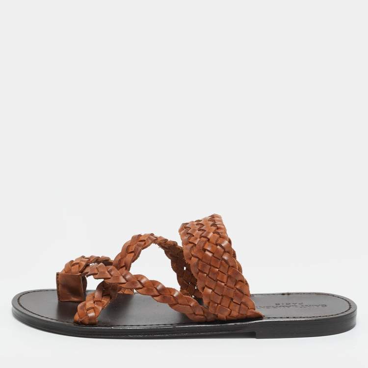 Pre Owned  Saint Laurent Neil 05 Size 43 Brown Woven Leather Slide Sandals