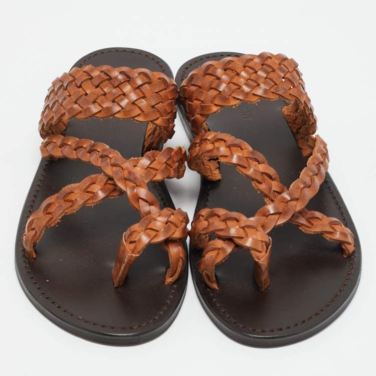 Pre Owned  Saint Laurent Neil 05 Size 43 Brown Woven Leather Slide Sandals