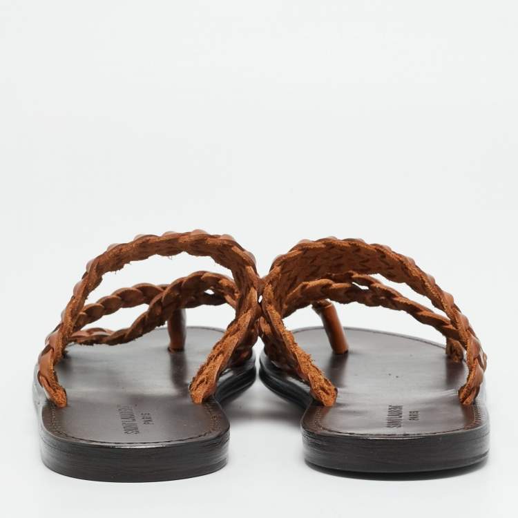 Pre Owned  Saint Laurent Neil 05 Size 43 Brown Woven Leather Slide Sandals