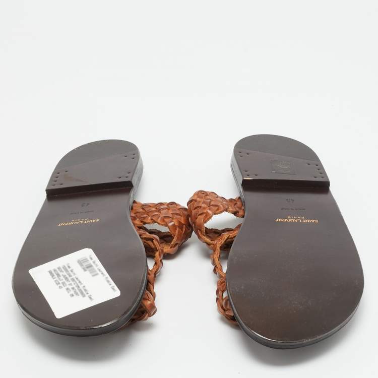 Pre Owned  Saint Laurent Neil 05 Size 43 Brown Woven Leather Slide Sandals