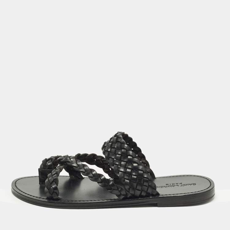 Pre Owned Saint Laurent Neil 05 Size 43 Black Woven Leather Slide Sandals