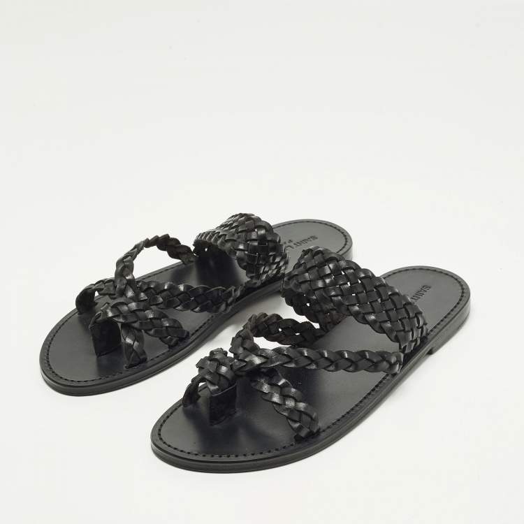 Pre Owned Saint Laurent Neil 05 Size 43 Black Woven Leather Slide Sandals