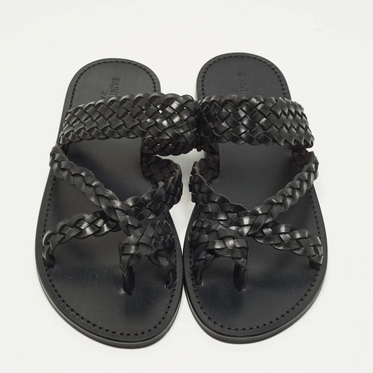 Pre Owned Saint Laurent Neil 05 Size 43 Black Woven Leather Slide Sandals