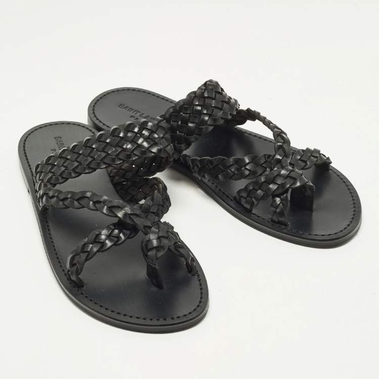 Pre Owned Saint Laurent Neil 05 Size 43 Black Woven Leather Slide Sandals