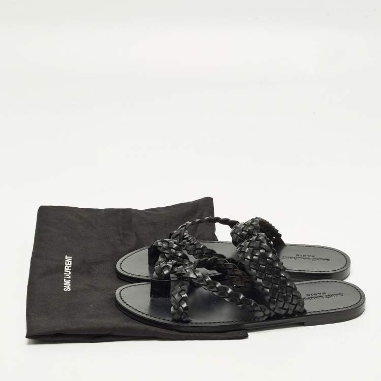 Pre Owned Saint Laurent Neil 05 Size 43 Black Woven Leather Slide Sandals